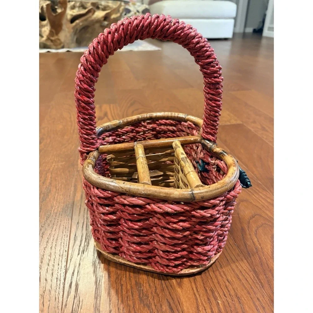 Vintage Wicker Apple Fruit Shaped Basket Utensil Holder Picnic Cottage Core